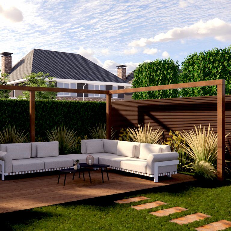 Pérgola de canto em aço corten 600 x 412 cm