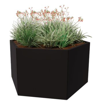 Floreira em aço - Hexágono - 139,3 x 121 x 70 cm - RAL9005 fosco (preto) - Sem placa de base