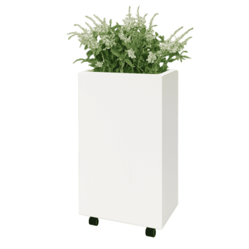 Floreira em aço - Retângulo - 50 x 30 x 80 cm - RAL9010 fosco (branco) - Com placa de base - Com rodas
