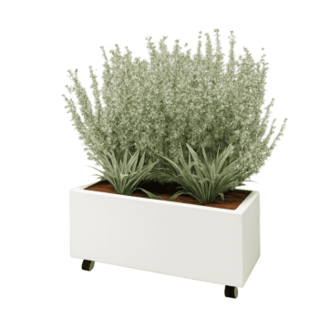 Floreira em aço - Retângulo - 80 x 30 x 30 cm - RAL9010 fosco (branco) - Com placa de base - Com rodas