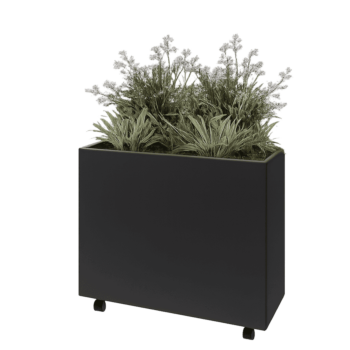 Floreira em aço - Retângulo - 80 x 30 x 60 cm - RAL9005 fosco (preto) - Com placa de base - Com rodas