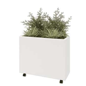 Floreira em aço - Retângulo - 80 x 30 x 60 cm - RAL9010 fosco (branco) - Com placa de base - Com rodas