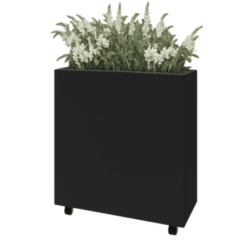 Floreira em aço - Retângulo - 80 x 30 x 80 cm - RAL9005 fosco (preto) - Com placa de base - Com rodas
