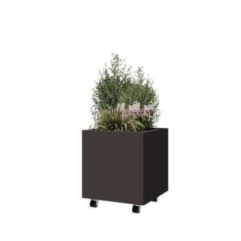 Floreira em aço - Quadrado - 50 x 50 x 50 cm - RAL7016 fosco (cinzento antracite) - Com placa de base - Com rodas