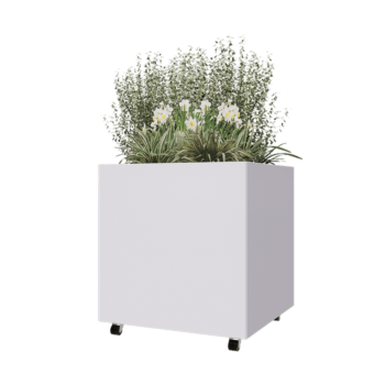 Floreira em aço - Quadrado - 80 x 80 x 80 cm - RAL9010 fosco (branco) - Com placa de base - Com rodas