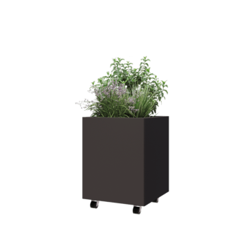 Floreira em aço - Quadrado - 50 x 50 x 60 cm - RAL7016 fosco (cinzento antracite) - Com placa de base - Com rodas