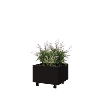 Floreira em aço - Quadrado - 50 x 50 x 30 cm - RAL9005 fosco (preto) - Com placa de base - Com rodas