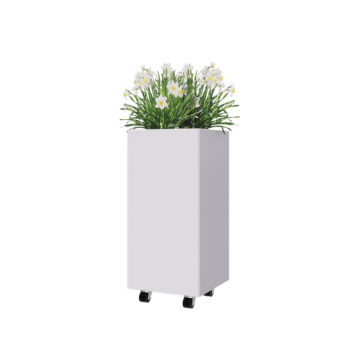 Floreira em aço - Quadrado - 40 x 40 x 80 cm - RAL9010 fosco (branco) - Com placa de base - Com rodas