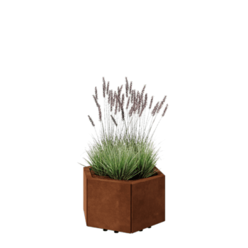 Floreira em aço corten - Hexágono - 59,3 x 52 x 30 cm - Com placa de base - Com pés