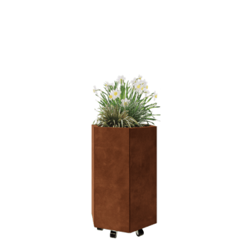 Floreira em aço corten - Hexágono - 59,3 x 52 x 80 cm - Com placa de base - Com rodas