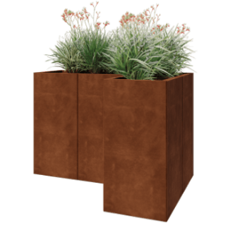 Floreira em aço corten - Forma de L - 120 x 80 x 80 cm - Com placa de base