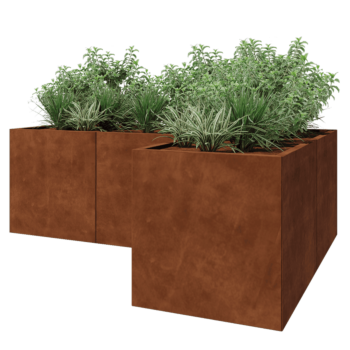 Floreira em aço corten - Forma de L - 210 x 140 x 70 cm - Com placa de base