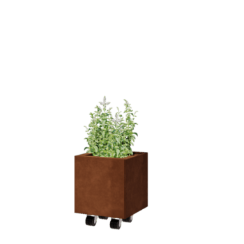 Floreira em aço corten - Quadrado - 30 x 30 x 30 cm - Com placa de base - Com rodas
