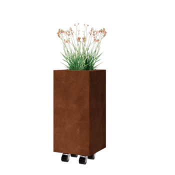 Floreira em aço corten - Quadrado - 30 x 30 x 60 cm - Com placa de base - Com rodas
