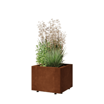 Floreira em aço corten - Quadrado - 40 x 40 x 30 cm - Com placa de base - Com pés