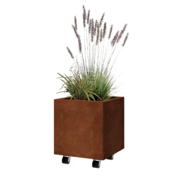 Floreira em aço corten - Quadrado - 40 x 40 x 40 cm - Com placa de base - Com rodas