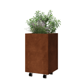 Floreira em aço corten - Quadrado - 40 x 40 x 60 cm - Com placa de base - Com rodas