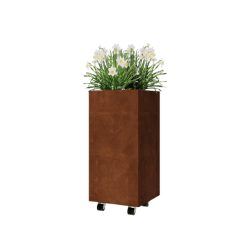Floreira em aço corten - Quadrado - 40 x 40 x 80 cm - Com placa de base - Com rodas
