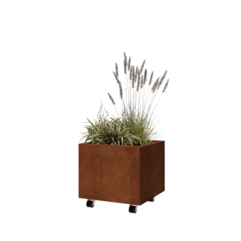 Floreira em aço corten - Quadrado - 50 x 50 x 40 cm - Com placa de base - Com rodas
