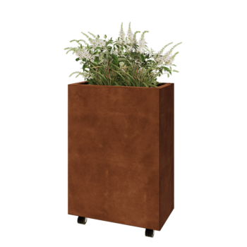 Floreira em aço corten - Retângulo - 60 x 30 x 80 cm - Com placa de base - Com rodas
