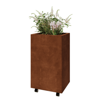 Floreira em aço corten - Retângulo - 50 x 40 x 80 cm - Com placa de base - Com rodas