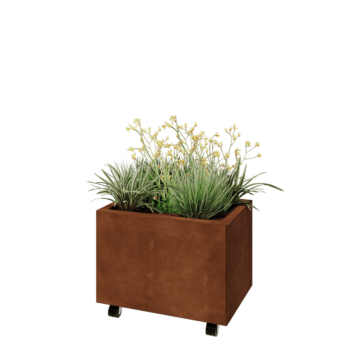 Floreira em aço corten - Retângulo - 60 x 40 x 40 cm - Com placa de base - Com rodas