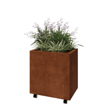 Floreira em aço corten - Retângulo - 60 x 40 x 60 cm - Com placa de base - Com rodas