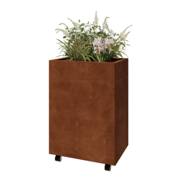 Floreira em aço corten - Retângulo - 60 x 40 x 80 cm - Com placa de base - Com rodas