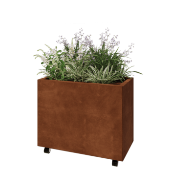 Floreira em aço corten - Retângulo - 80 x 40 x 60 cm - Com placa de base - Com rodas