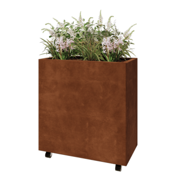Floreira em aço corten - Retângulo - 80 x 40 x 80 cm - Com placa de base - Com rodas