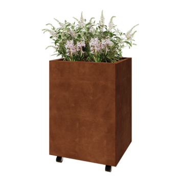 Floreira em aço corten - Retângulo - 60 x 50 x 80 cm - Com placa de base - Com rodas