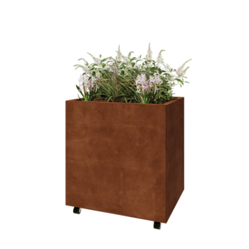 Floreira em aço corten - Retângulo - 80 x 60 x 80 cm - Com placa de base - Com rodas