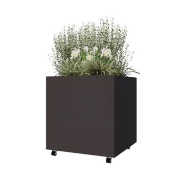 Floreira em aço - Quadrado - 80 x 80 x 80 cm - RAL7016 fosco (cinzento antracite) - Com placa de base - Com rodas