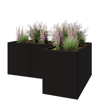 Floreira em aço - Forma de L - 150 x 100 x 60 cm - RAL9005 fosco (preto) - Com placa de base