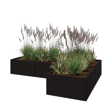 Floreira em aço - Forma de L - 180 x 120 x 30 cm - RAL9005 fosco (preto) - Com placa de base