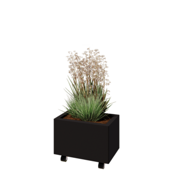 Floreira em aço - Retângulo - 50 x 30 x 30 cm - RAL9005 fosco (preto) - Com placa de base - Com rodas