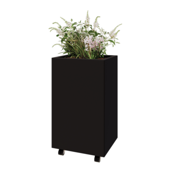 Floreira em aço - Retângulo - 50 x 40 x 80 cm - RAL9005 fosco (preto) - Com placa de base - Com rodas