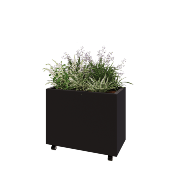Floreira em aço - Retângulo - 80 x 40 x 60 cm - RAL9005 fosco (preto) - Com placa de base - Com rodas