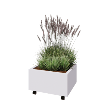 Floreira em aço - Retângulo - 60 x 50 x 30 cm - RAL9010 fosco (branco) - Com placa de base - Com rodas