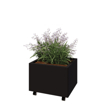 Floreira em aço - Retângulo - 60 x 50 x 40 cm - RAL9005 fosco (preto) - Com placa de base - Com rodas