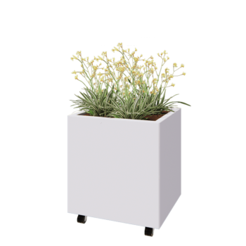 Floreira em aço - Retângulo - 60 x 50 x 60 cm - RAL9010 fosco (branco) - Com placa de base - Com rodas