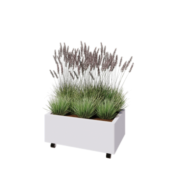 Floreira em aço - Retângulo - 80 x 50 x 30 cm - RAL9010 fosco (branco) - Com placa de base - Com rodas