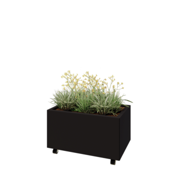 Floreira em aço - Retângulo - 80 x 50 x 40 cm - RAL9005 fosco (preto) - Com placa de base - Com rodas