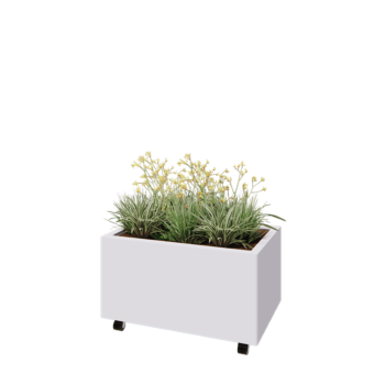 Floreira em aço - Retângulo - 80 x 50 x 40 cm - RAL9010 fosco (branco) - Com placa de base - Com rodas