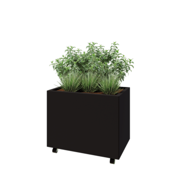 Floreira em aço - Retângulo - 80 x 50 x 60 cm - RAL9005 fosco (preto) - Com placa de base - Com rodas