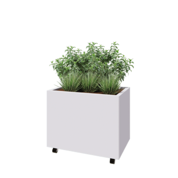 Floreira em aço - Retângulo - 80 x 50 x 60 cm - RAL9010 fosco (branco) - Com placa de base - Com rodas