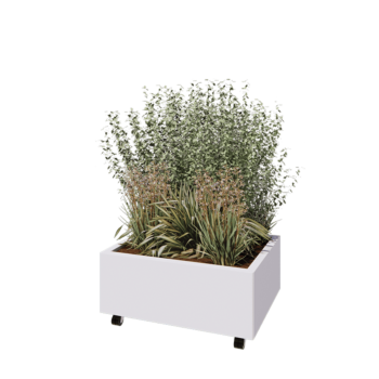 Floreira em aço - Retângulo - 80 x 60 x 30 cm - RAL9010 fosco (branco) - Com placa de base - Com rodas