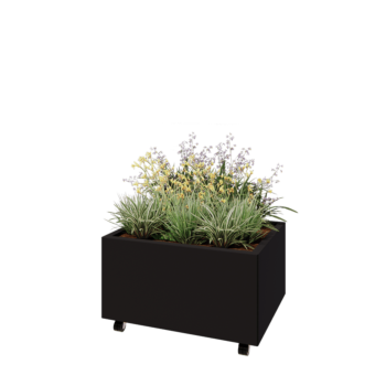 Floreira em aço - Retângulo - 80 x 60 x 40 cm - RAL9005 fosco (preto) - Com placa de base - Com rodas