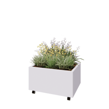 Floreira em aço - Retângulo - 80 x 60 x 40 cm - RAL9010 fosco (branco) - Com placa de base - Com rodas