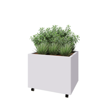 Floreira em aço - Retângulo - 80 x 60 x 60 cm - RAL9010 fosco (branco) - Com placa de base - Com rodas